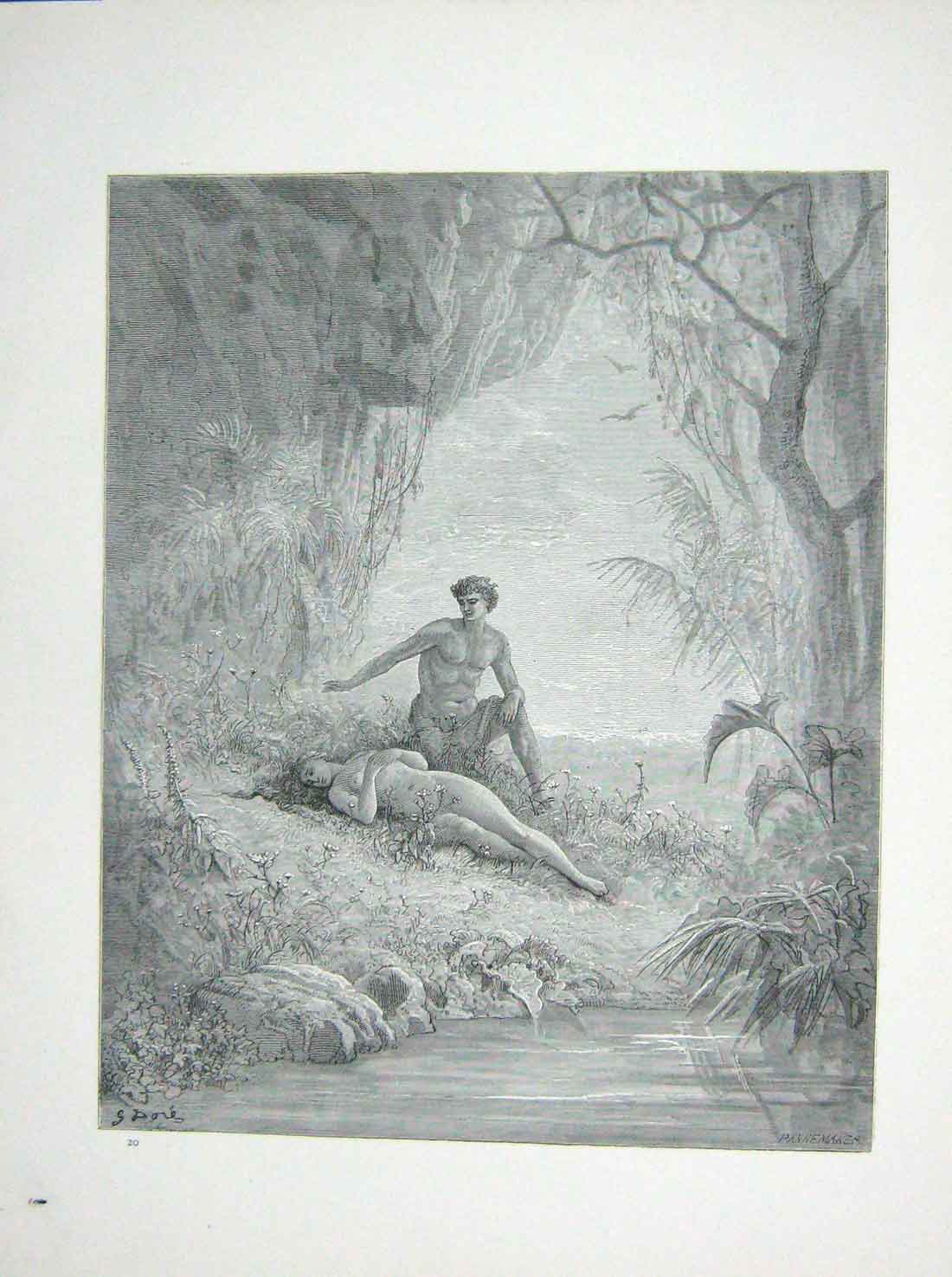 Original Old Antique Print 1881 Gustave Dore Paradise Lost Adam Eve Religion