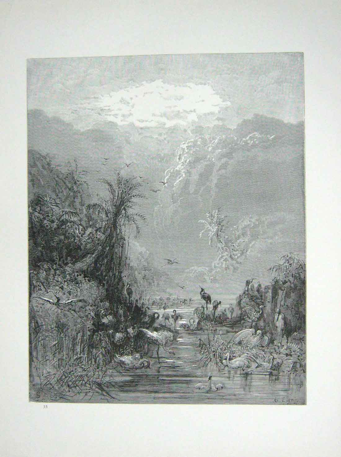 Old Antique Print 1881 Gustave Dore Paradise Lost Birds Caves Mountains 19th