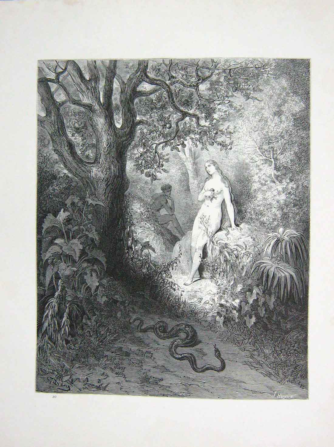 Antique Print Ref.24 1881 Gustave Dore Paradise Lost Adam Eve Snake Serpent