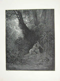 Original Old Antique Print 1881 Gustave Dore Paradise Lost Adam Eve Trees 19th