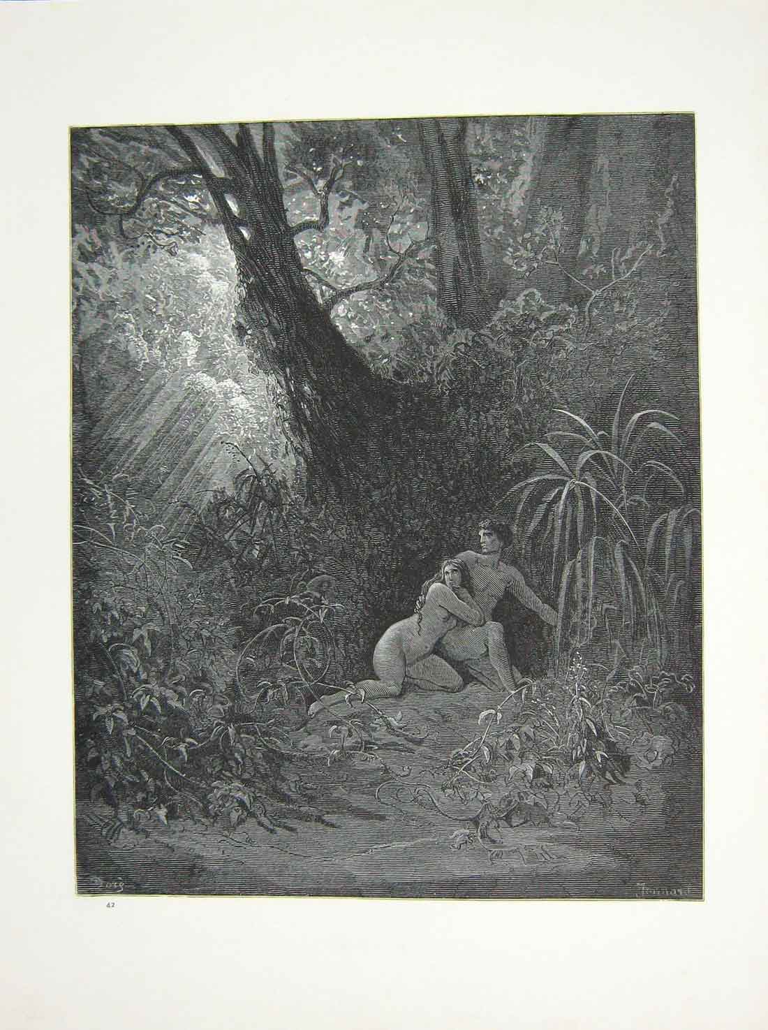 Original Old Antique Print 1881 Gustave Dore Paradise Lost Adam Eve Trees 19th