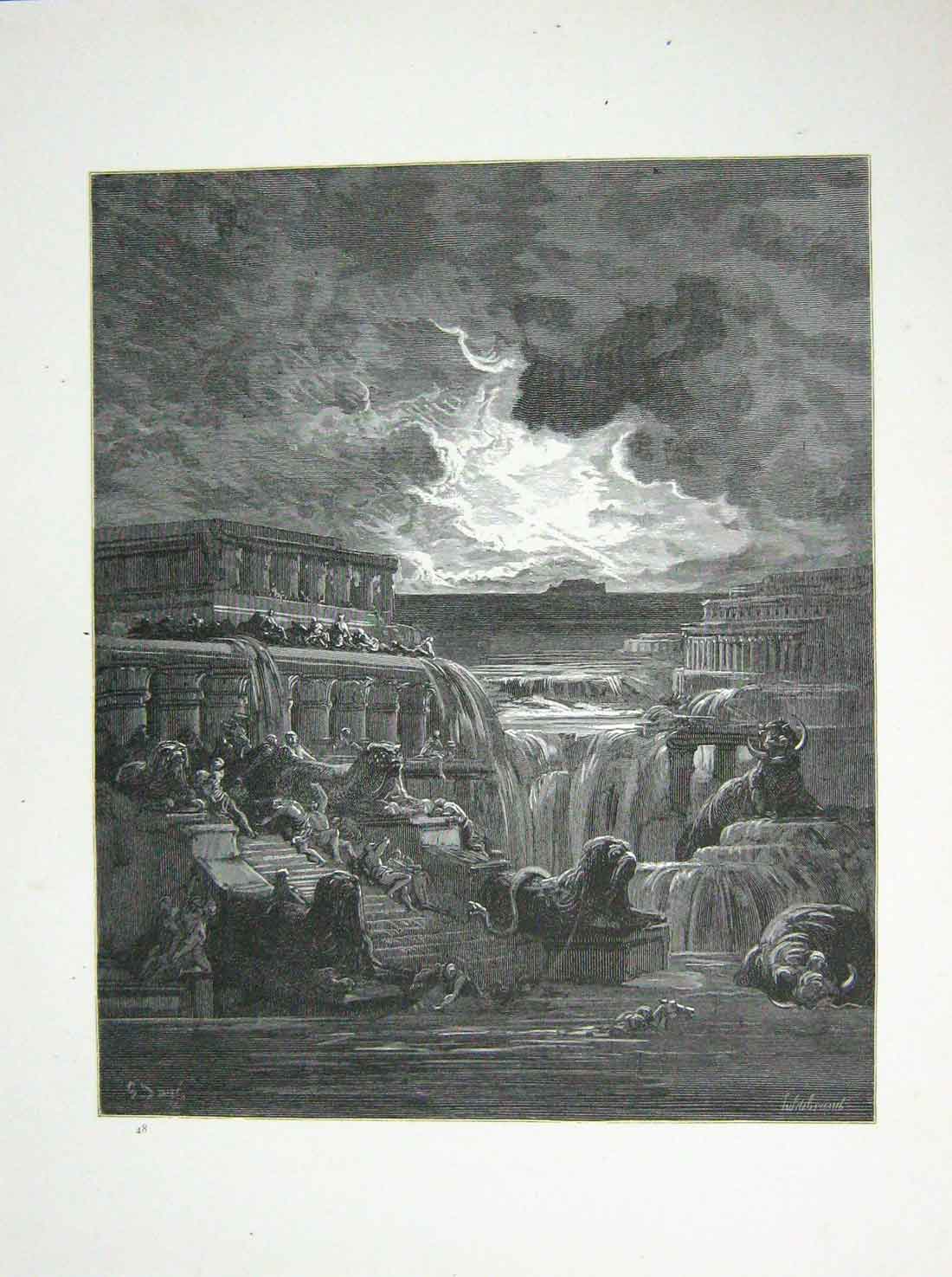Old Antique Print 1881 Gustave Dore Paradise Lost People Floods Statues 19th
