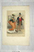 Original Old Antique Print Colour Lady Man Street Scene Romance Dog