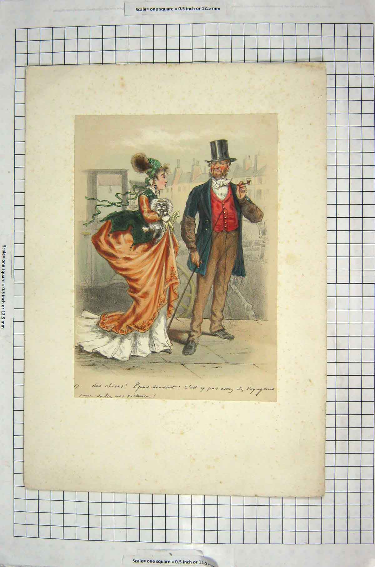 Original Old Antique Print Colour Lady Man Street Scene Romance Dog