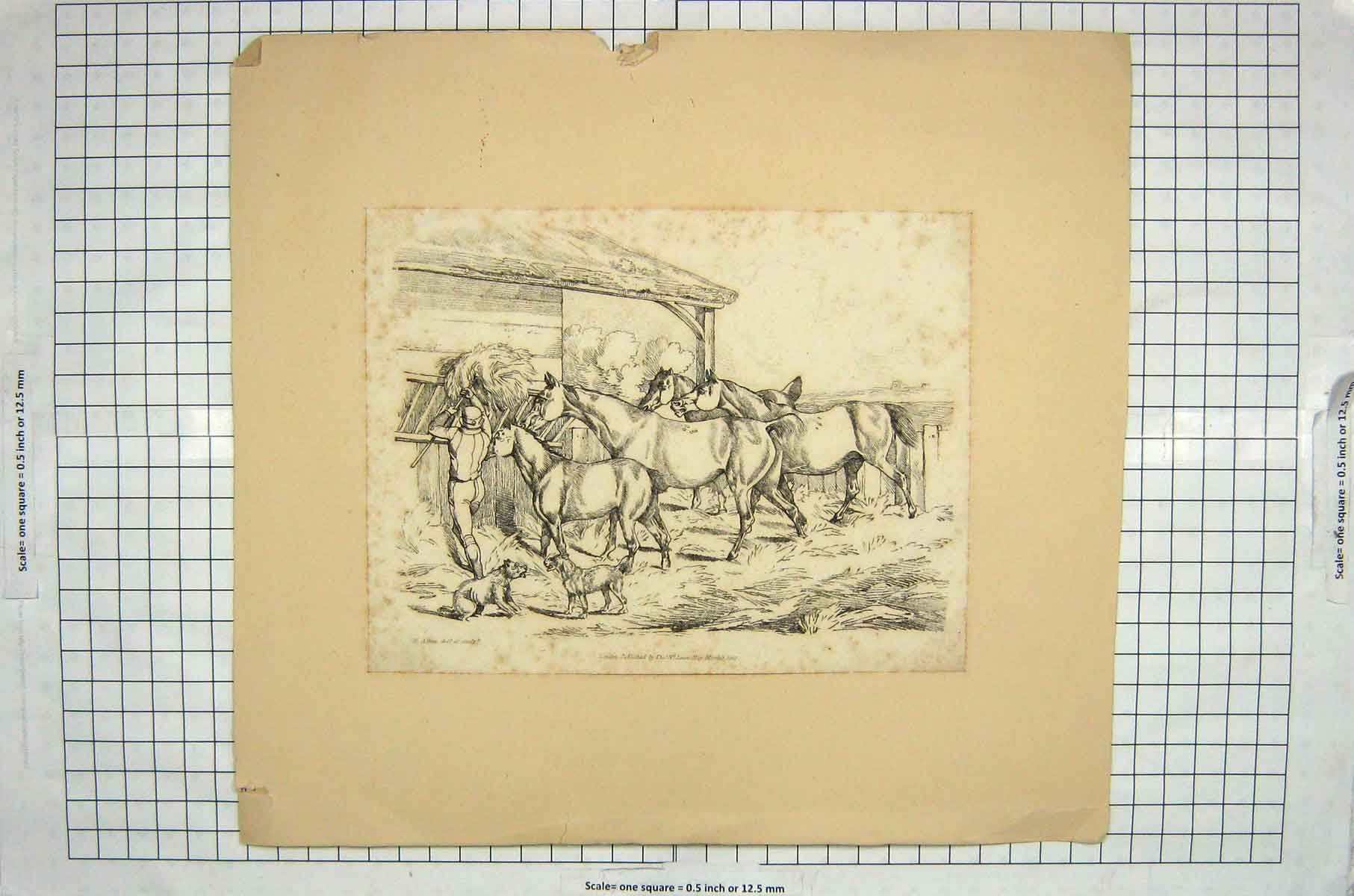 Original Old Antique Print 1820 Farm Scene Horses Dogs Farmer Hay 19th Century
