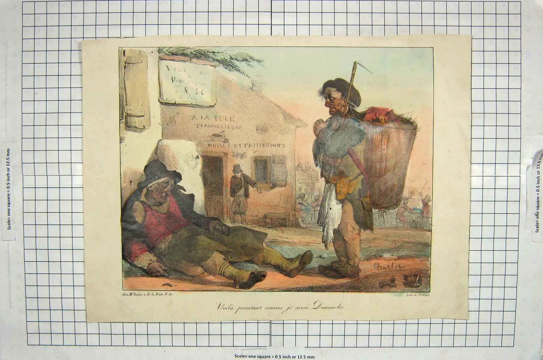 Original Old Antique Print Colour Drunk Man Scene Basket Public House