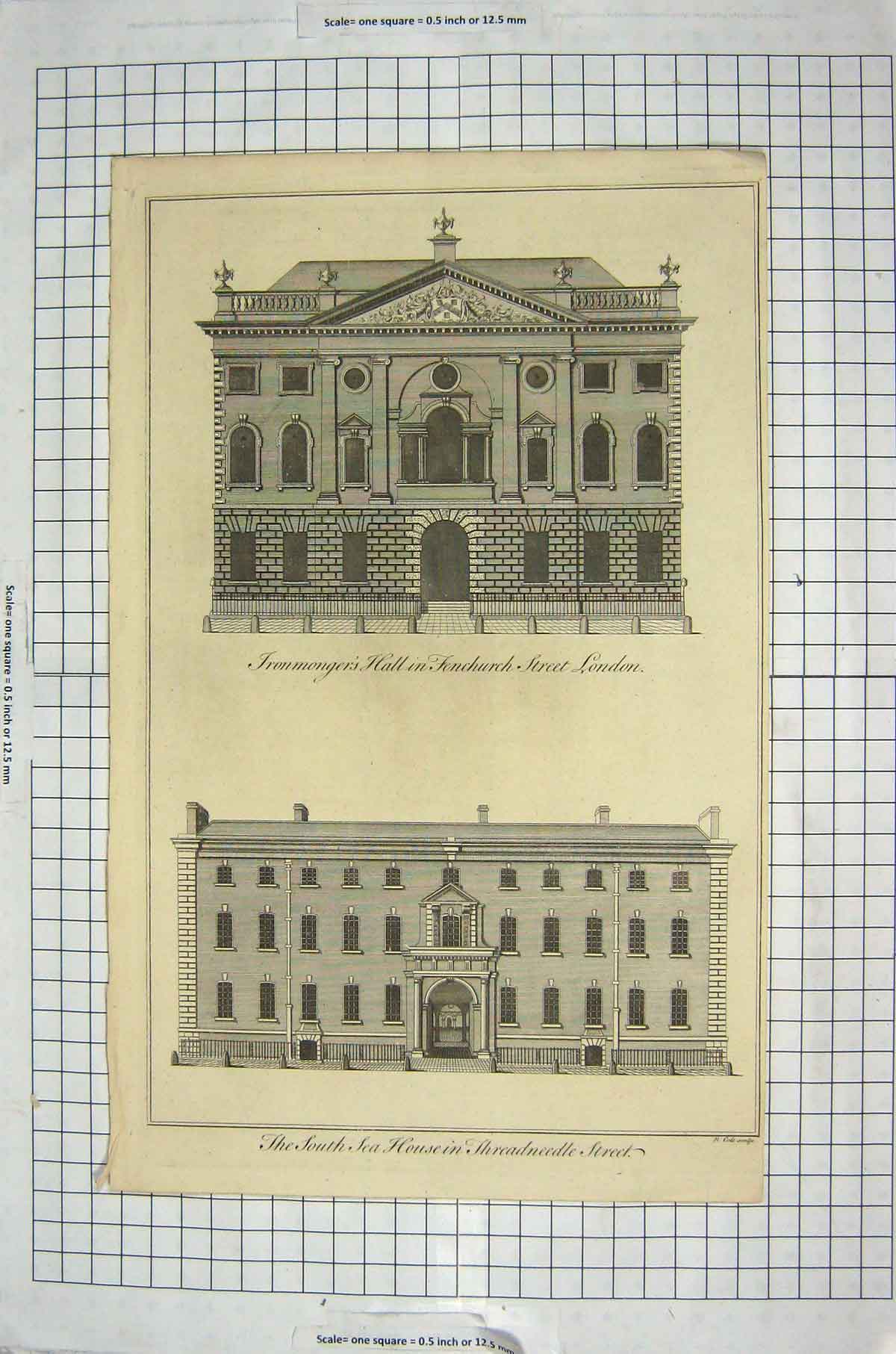 Old Antique Print Ironmongers Hall Fenchurch London Threadneedle Street