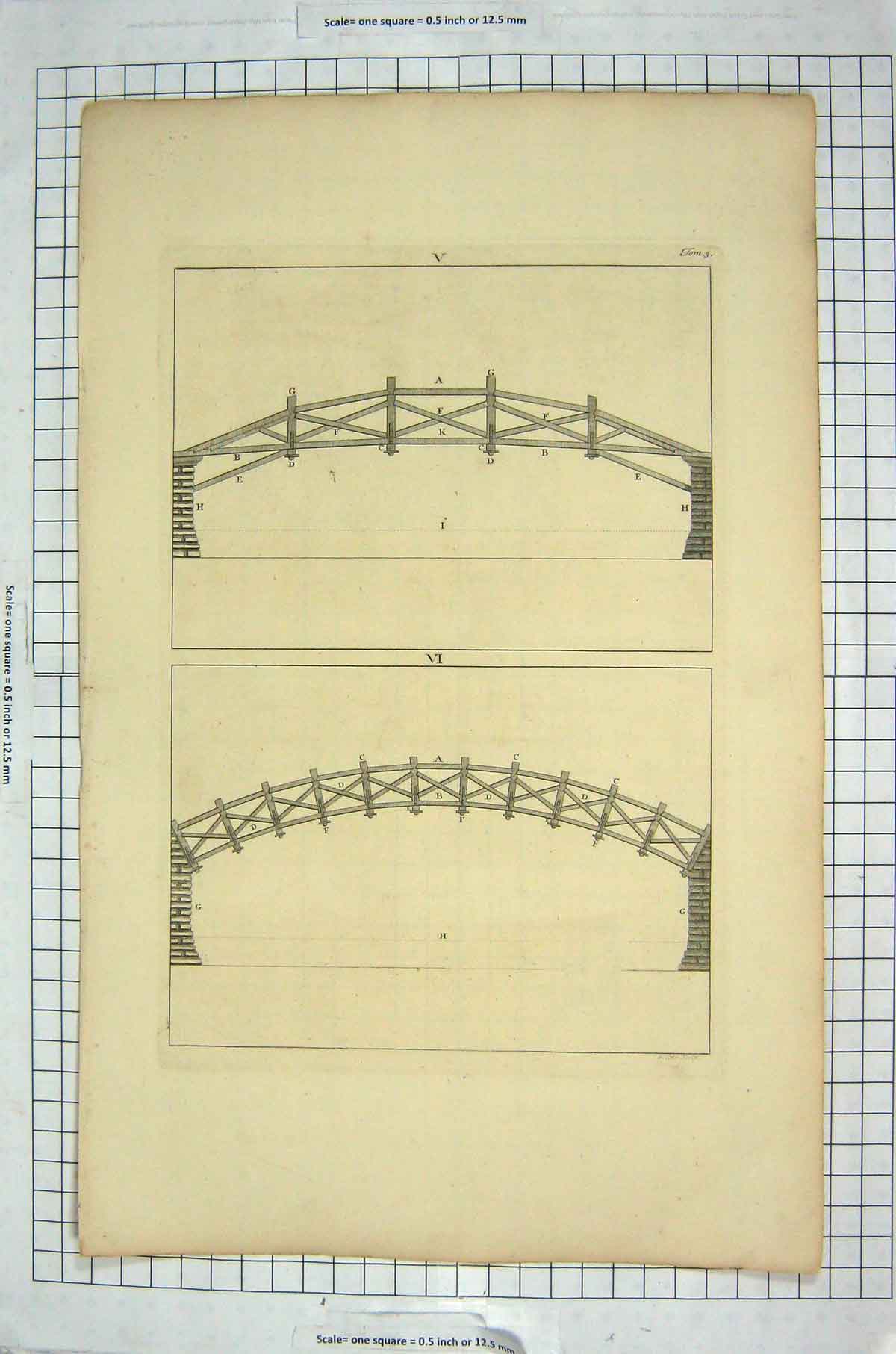 Original Old Antique Print Architecture Design Pattern Large
