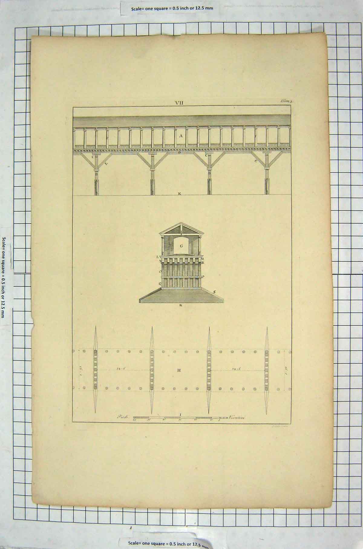 Original Old Antique Print *959 Architecture Pillars Design Pattern Large
