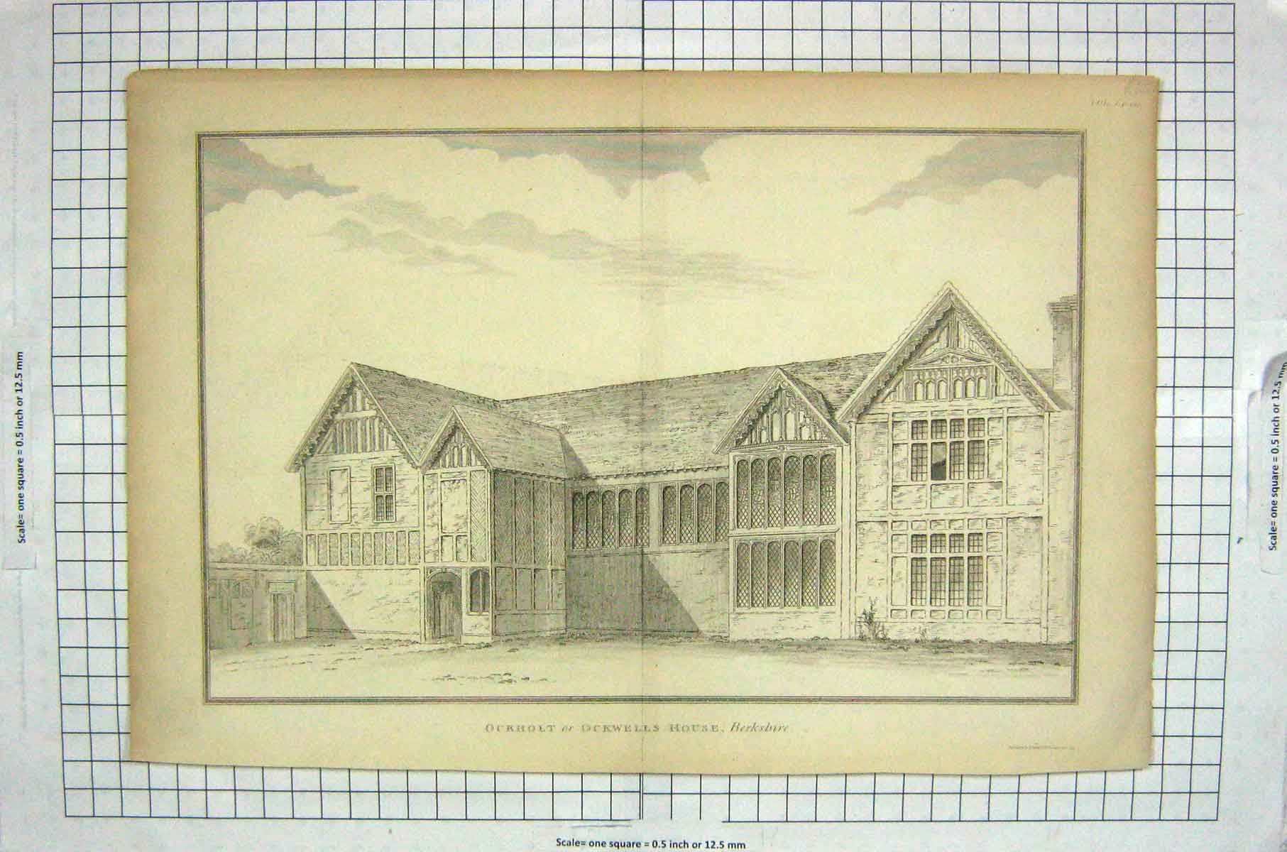Old Antique Print Ockholt Ockwells House Berkshire England Architecture