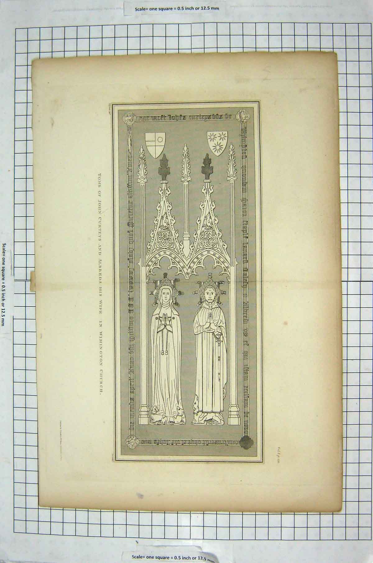 Original Old Antique Print Tomb John Curteys Albreda Wife Wimington Church