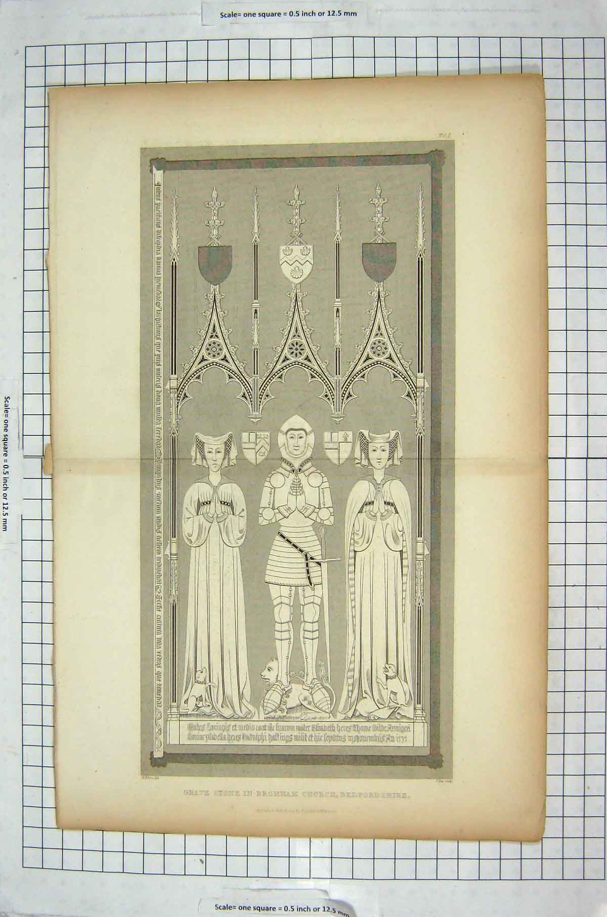Original Old Antique Print Grave Stone Broham Church Bedfordshire England