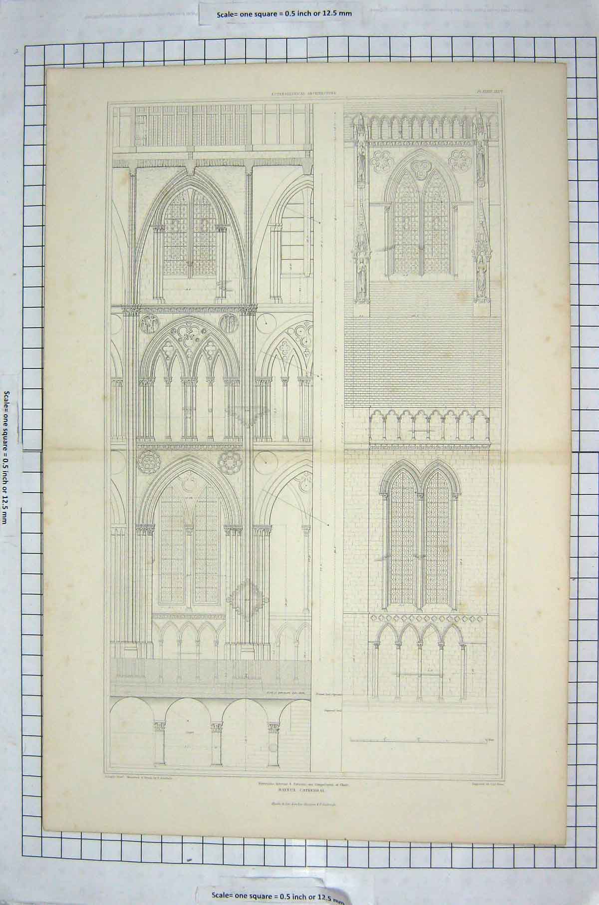 Old Antique Print Bayeux Cathedral Architecture Pugin Keux Choir Church