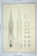 Original Old Antique Print Tower Spire St. Peters Church Caen France Keux Pugin
