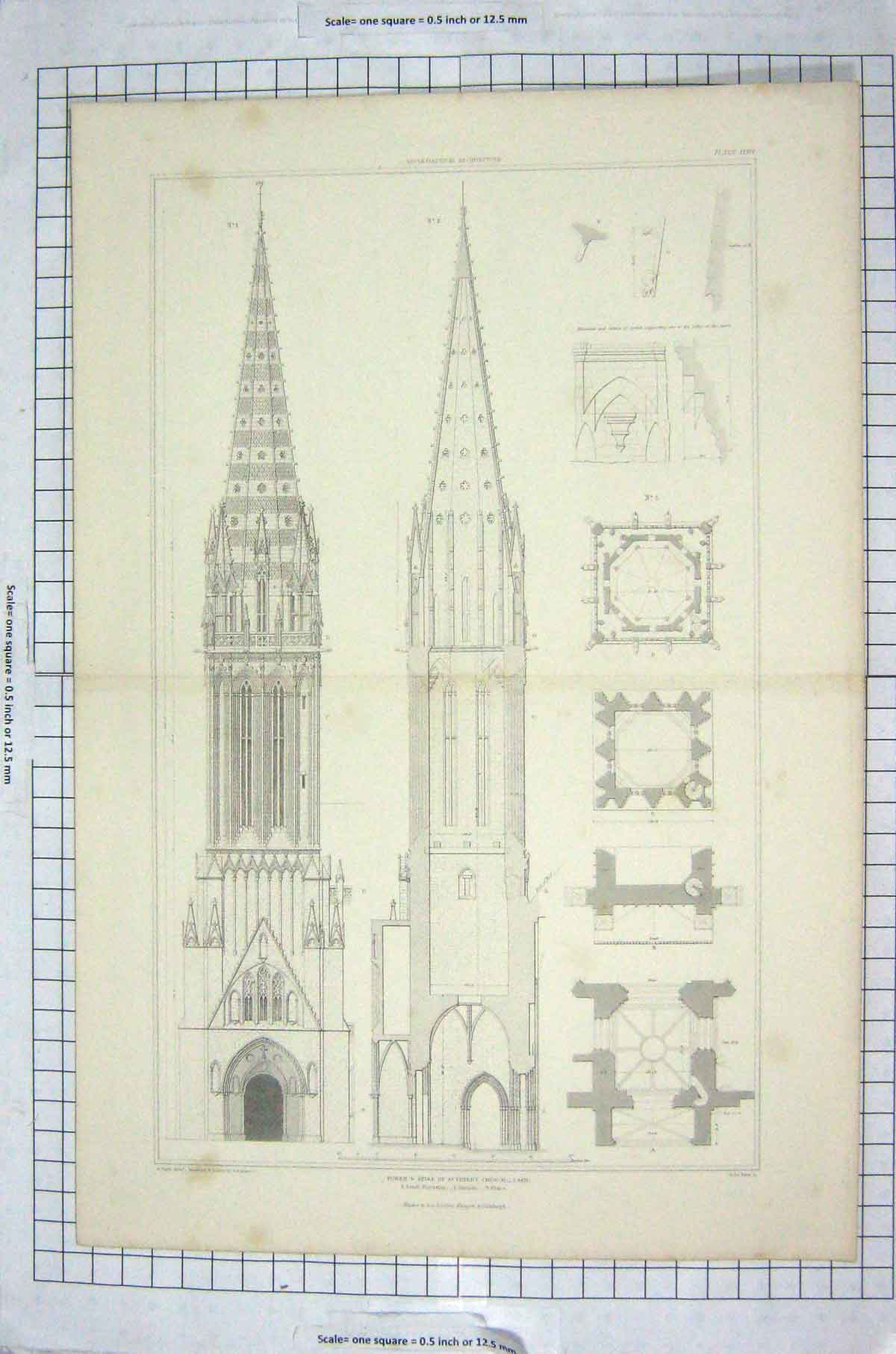 Original Old Antique Print Tower Spire St. Peters Church Caen France Keux Pugin