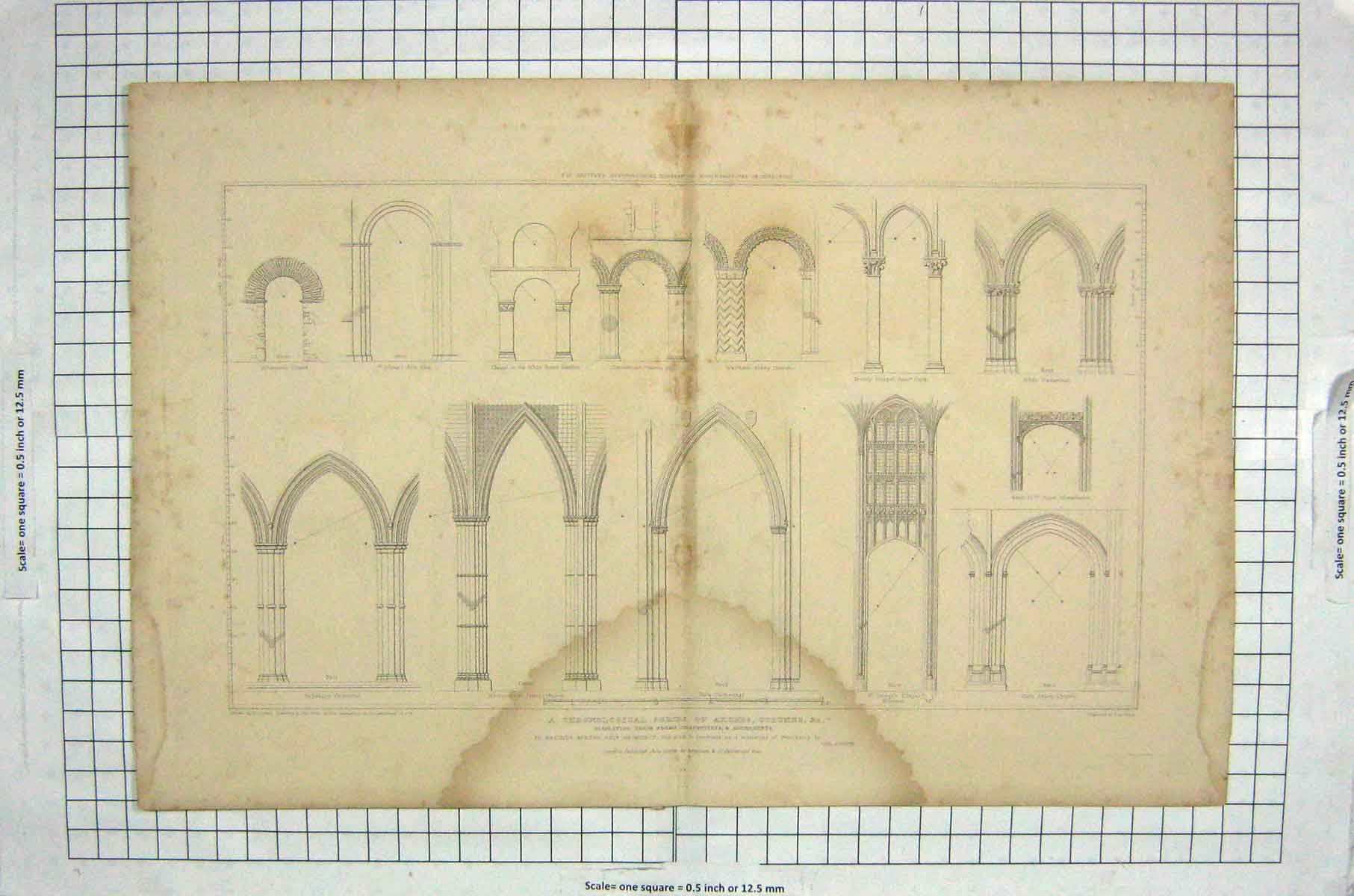 Original Old Antique Print 1826 Chronological Arches Columns Architecture Keux