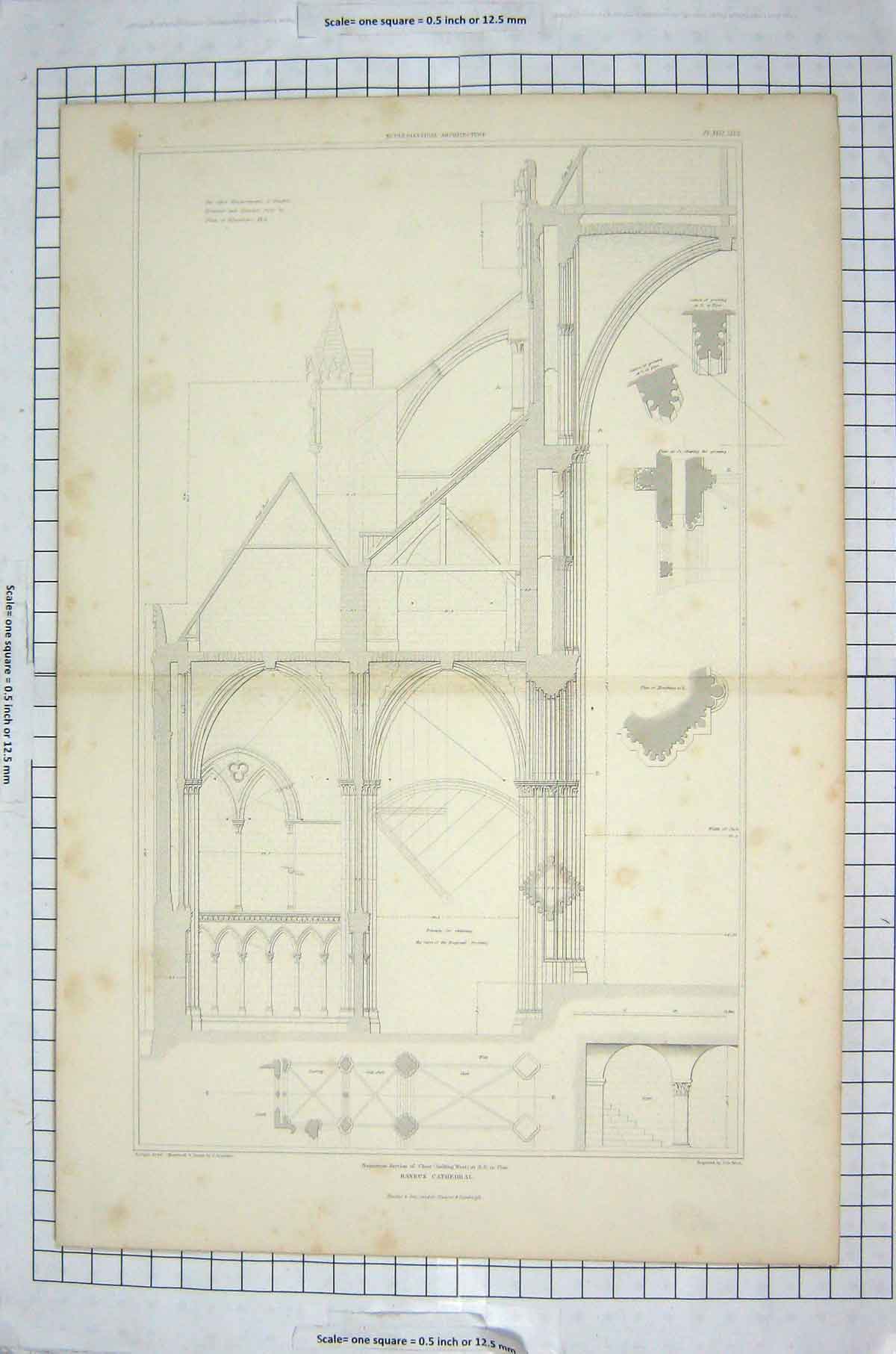 Original Old Antique Print Bayeux Cathedral Architecture Choir Keux Pugin
