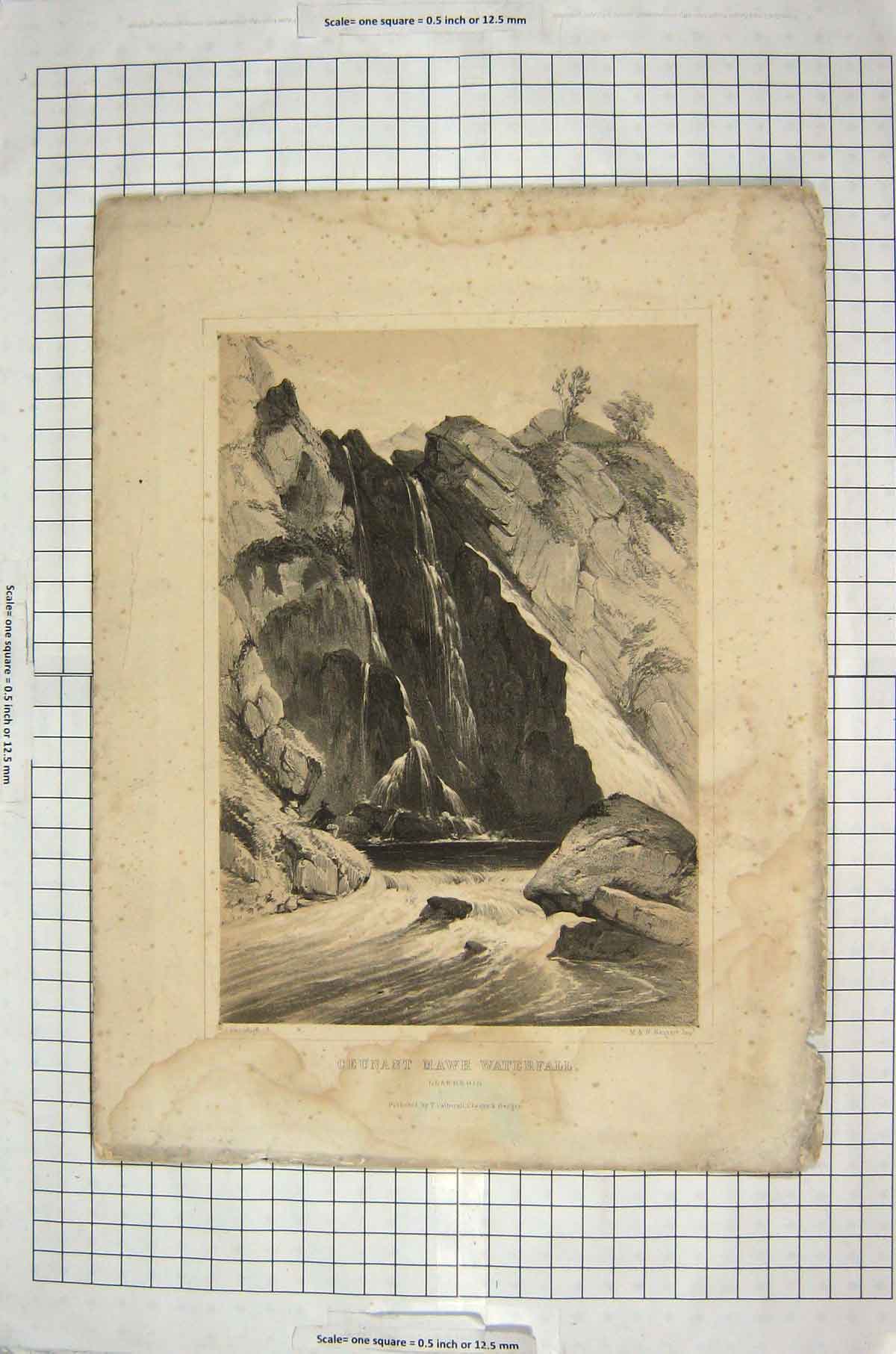 Original Old Antique Print View Ceunant Mawr Waterfall River Hanhart Brandard