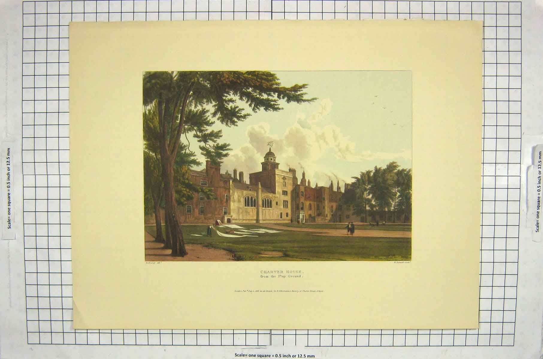 Original Old Antique Print *952 1816 Charter House Colour Architecture Stadler