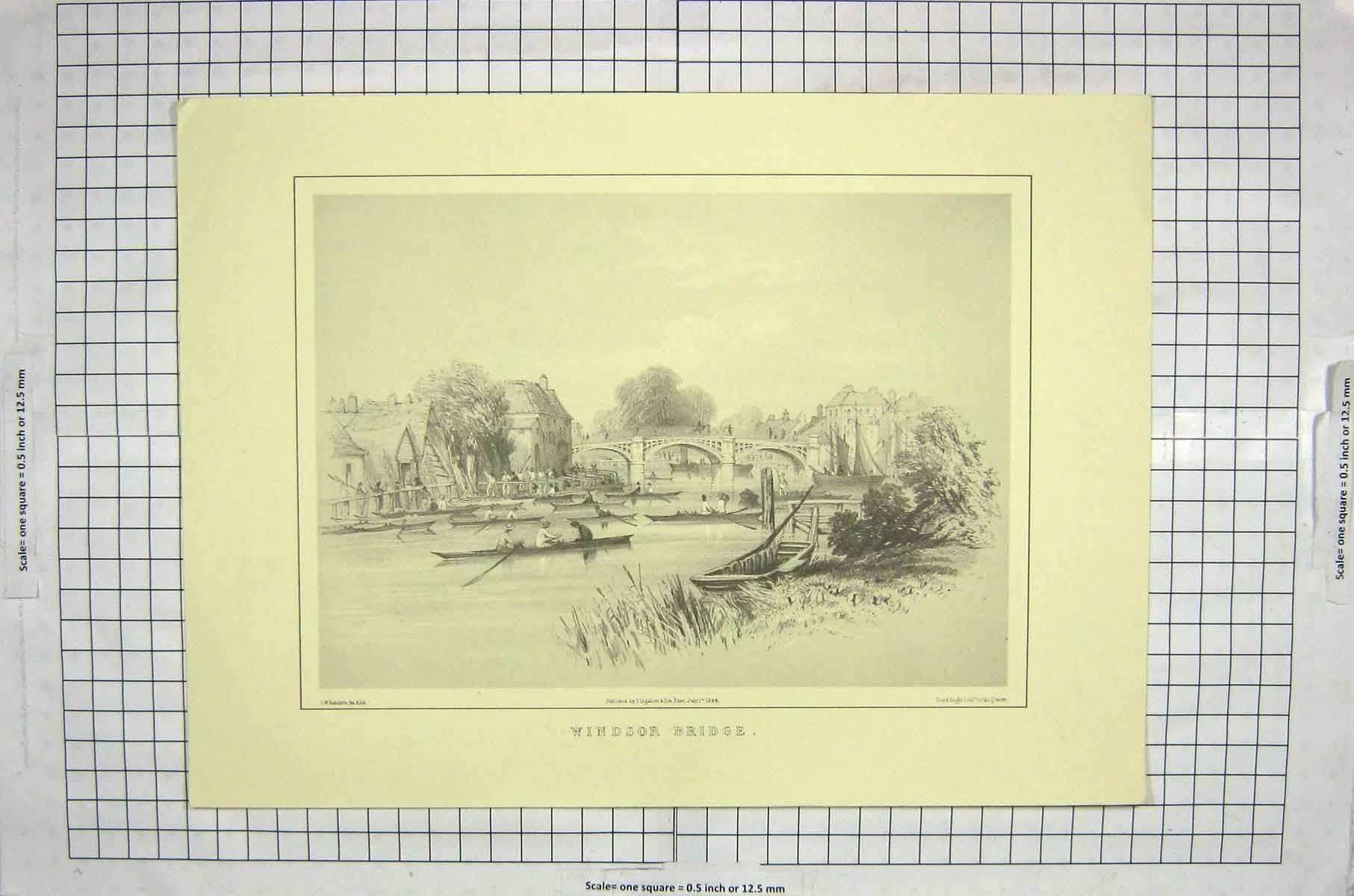 Old Antique Print 1844 Windsor Bridge London River Thames Boat Radclyffe 19th