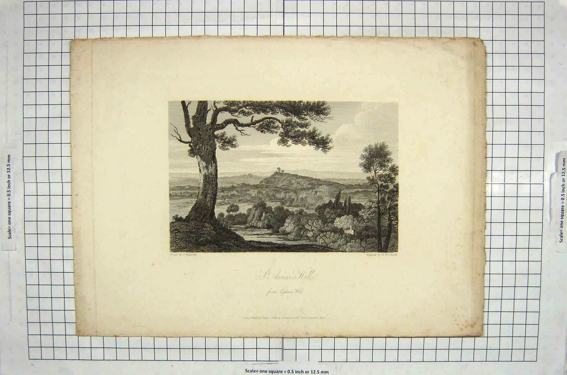 Original Old Antique Print 1820 View St. Annes Egham Hill Mountains Woolnoth