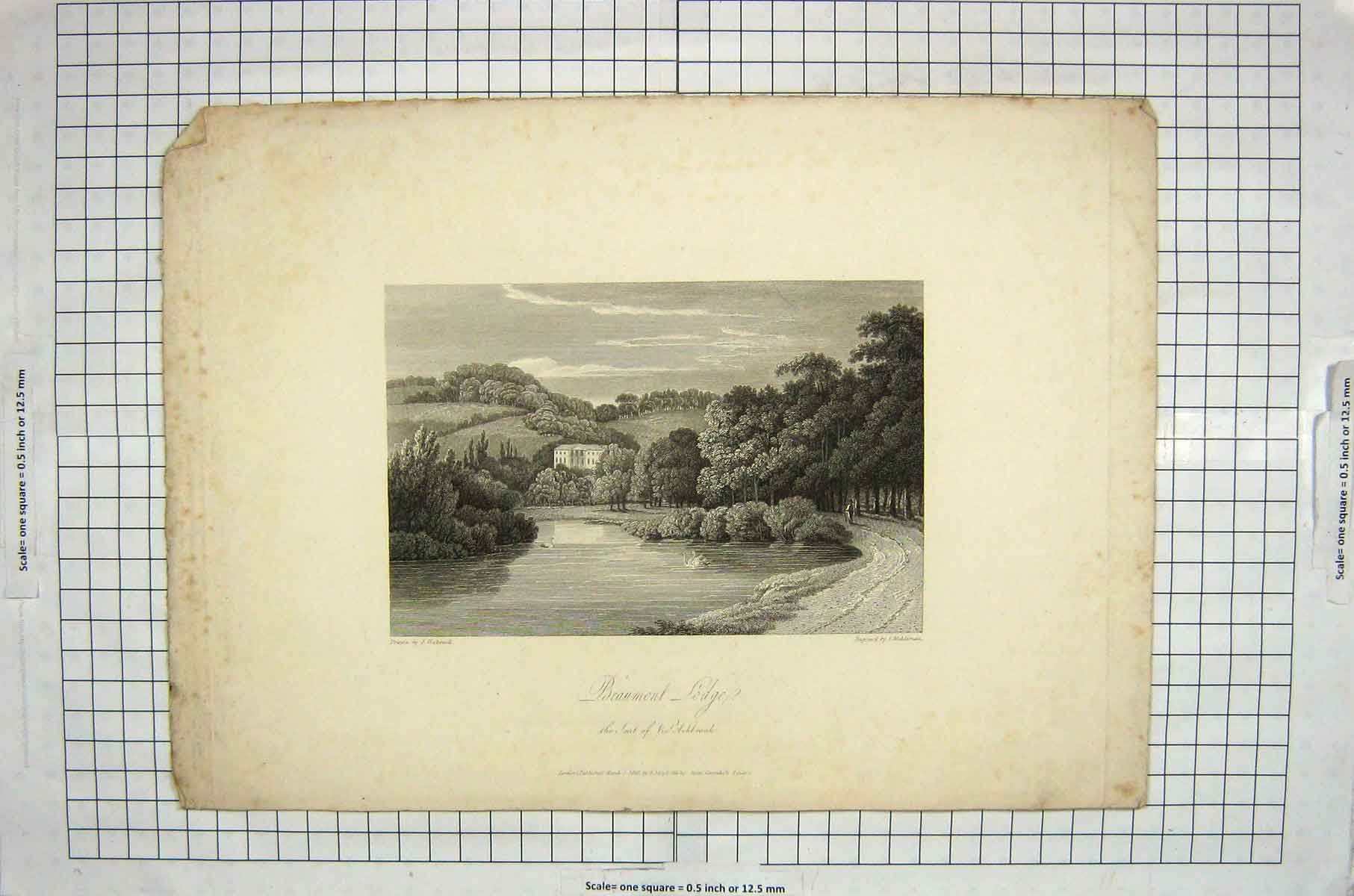 Old Antique Print 1820 View Beaumont Lodge Sea Ashbrook Middiman Hakewill 19th