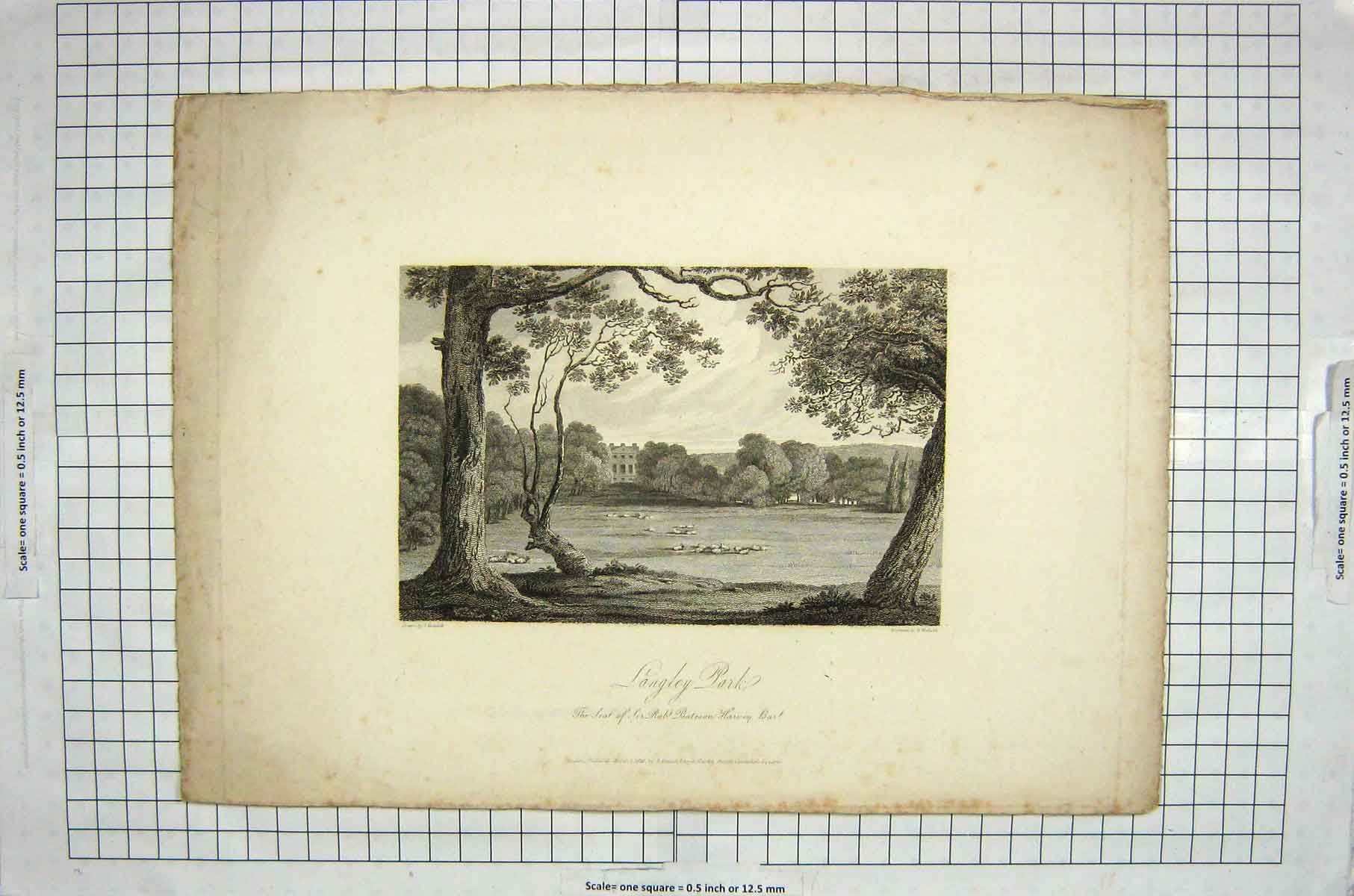 Original Old Antique Print 1820 View Langley Lake Seat Robert Bateson Woolnoth