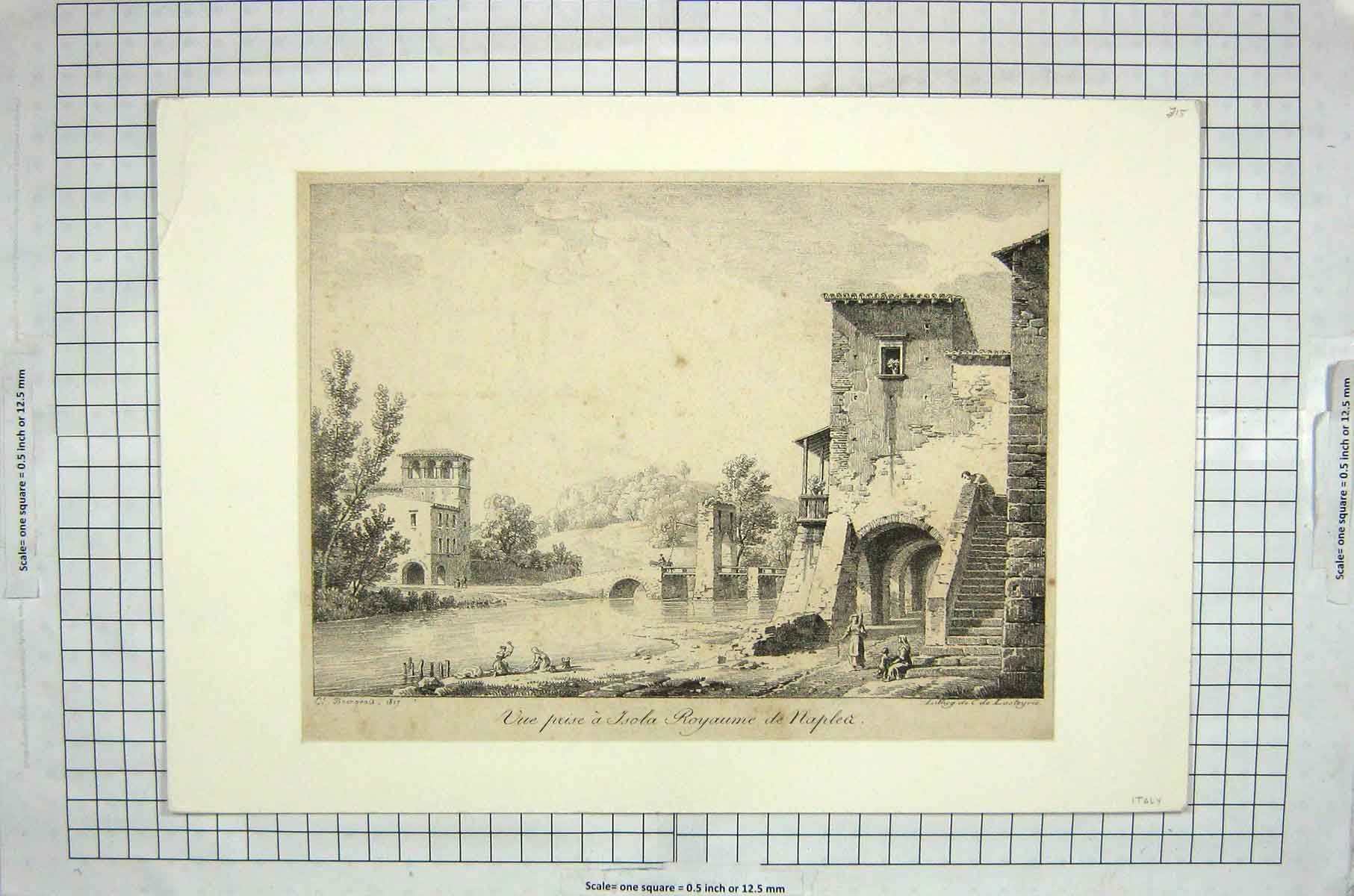 Original Old Antique Print View River Bridge Building People Italy 20th Century
