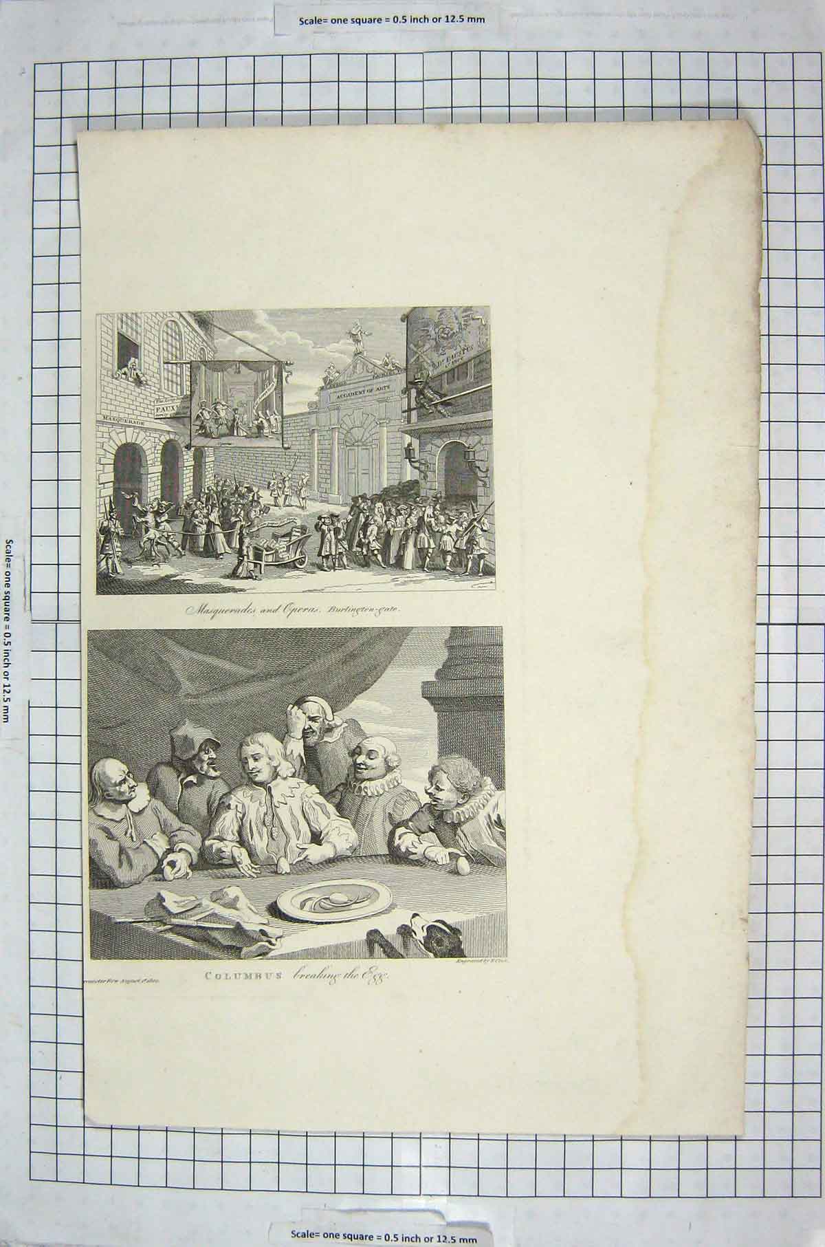 Original Old Antique Print Columbus Breaking Egg Masquerades Operas Burlington