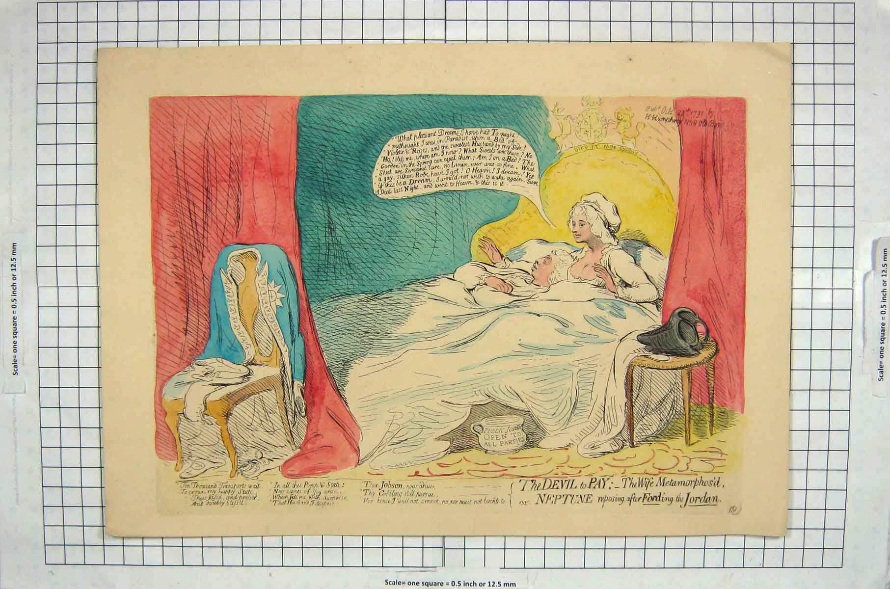 Original Old Antique Print Colour Man Woman Bedroom Neptune Fording Jordan 20th