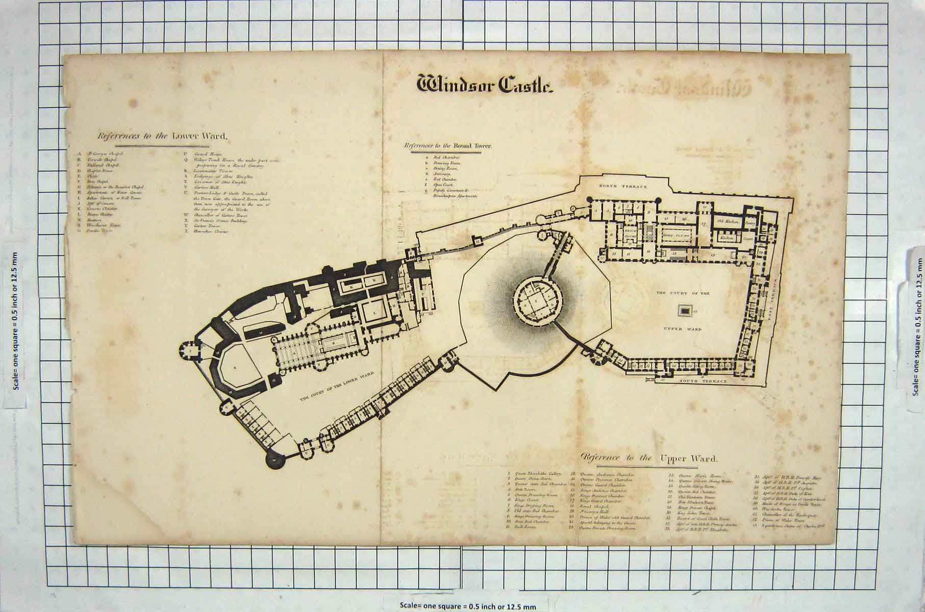 Original Old Antique Print Ref.953 Plan Windsor Castle Round Tower Lower Ward