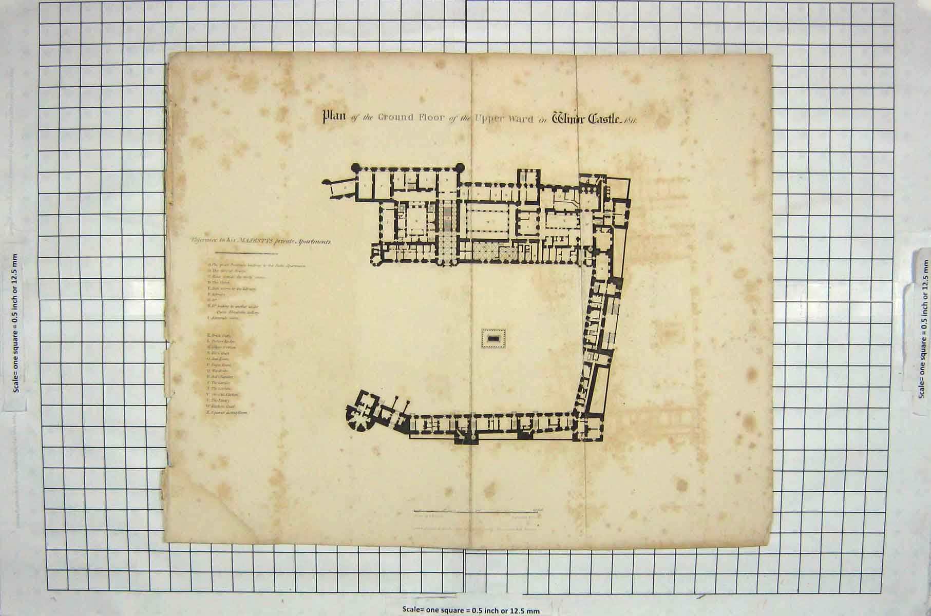 Old Antique Print 1820 Plan Ground Floor Upper Ward Windsor Castle London 19th