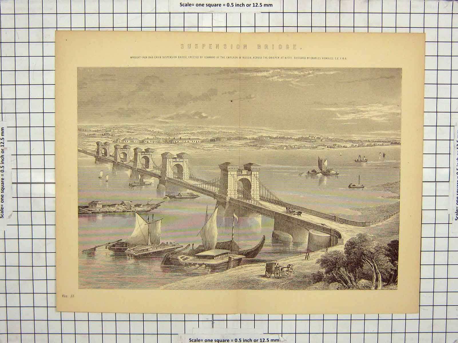 Original Old Antique Print Suspension Bridge Wrought-Iron Emperor Russia Ships