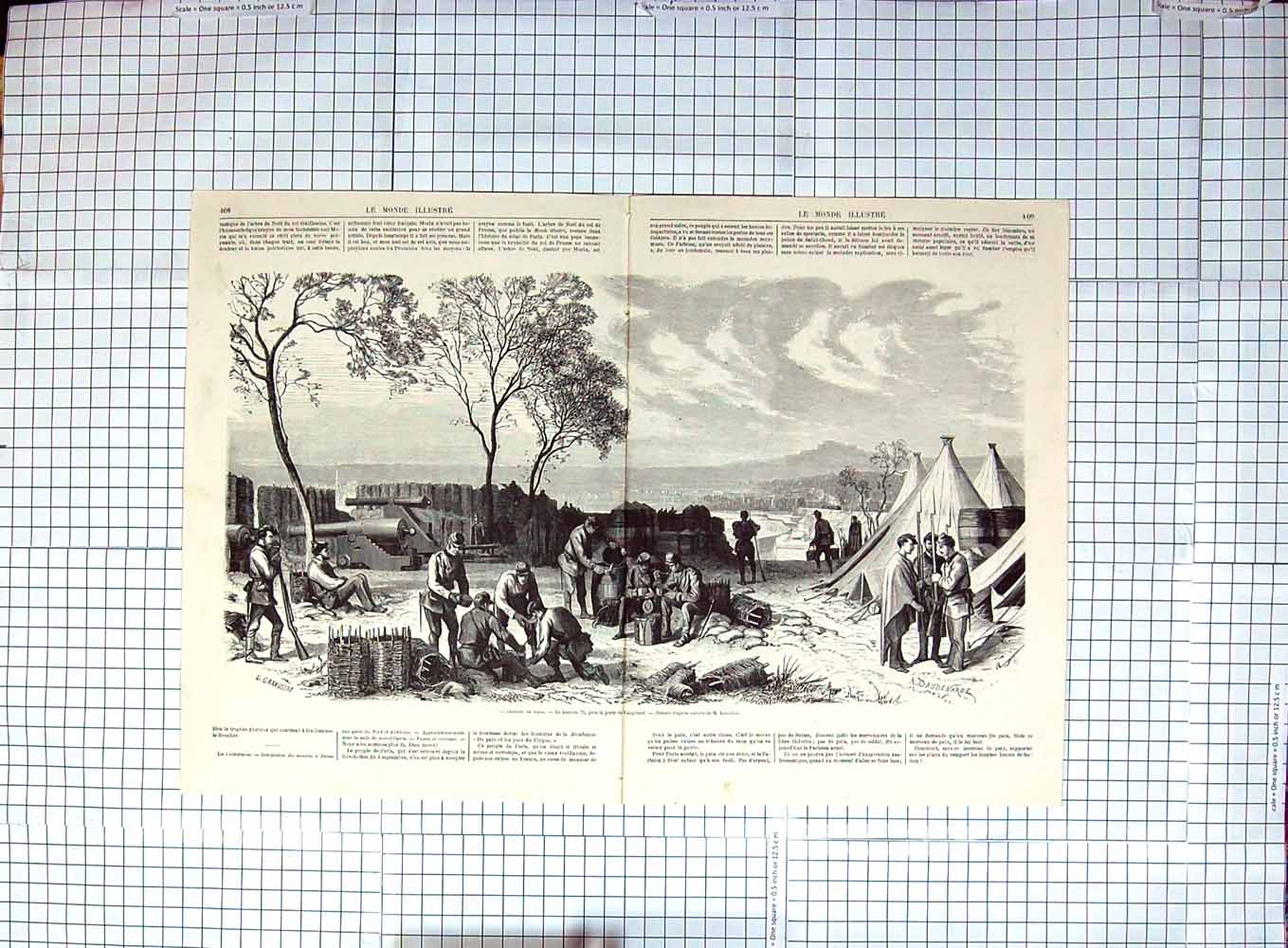 Original Old Antique Print Defense Paris War Bastion Porte Vaugirard Siers