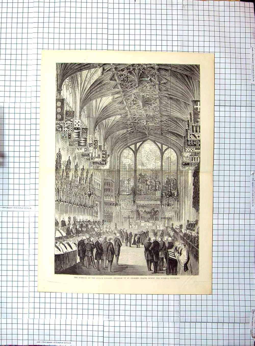 Original Old Antique Print Ceremony Funeral Prince Consort St. George'S Chapel