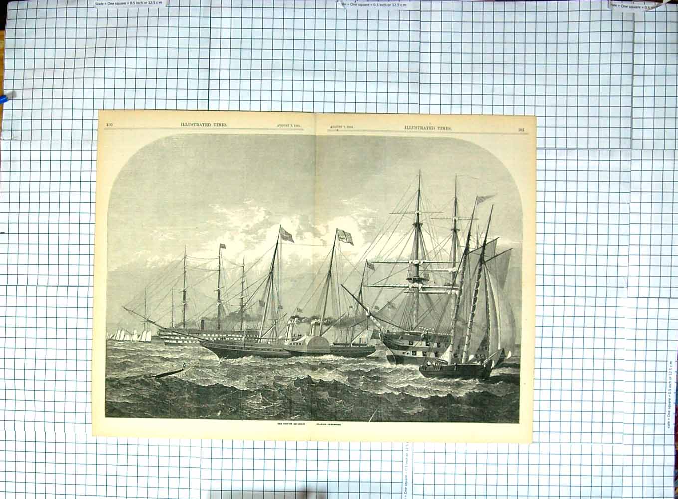 Original Old Antique Print 1858 British Squadron Ships Cherbourg Fine Art 19th