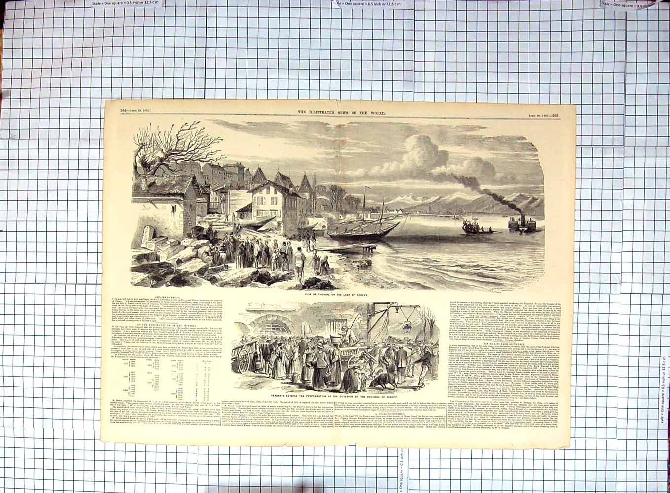 Old Antique Print 1860 View Thonon Lake Geneva Peasants Governor Annecy 19th