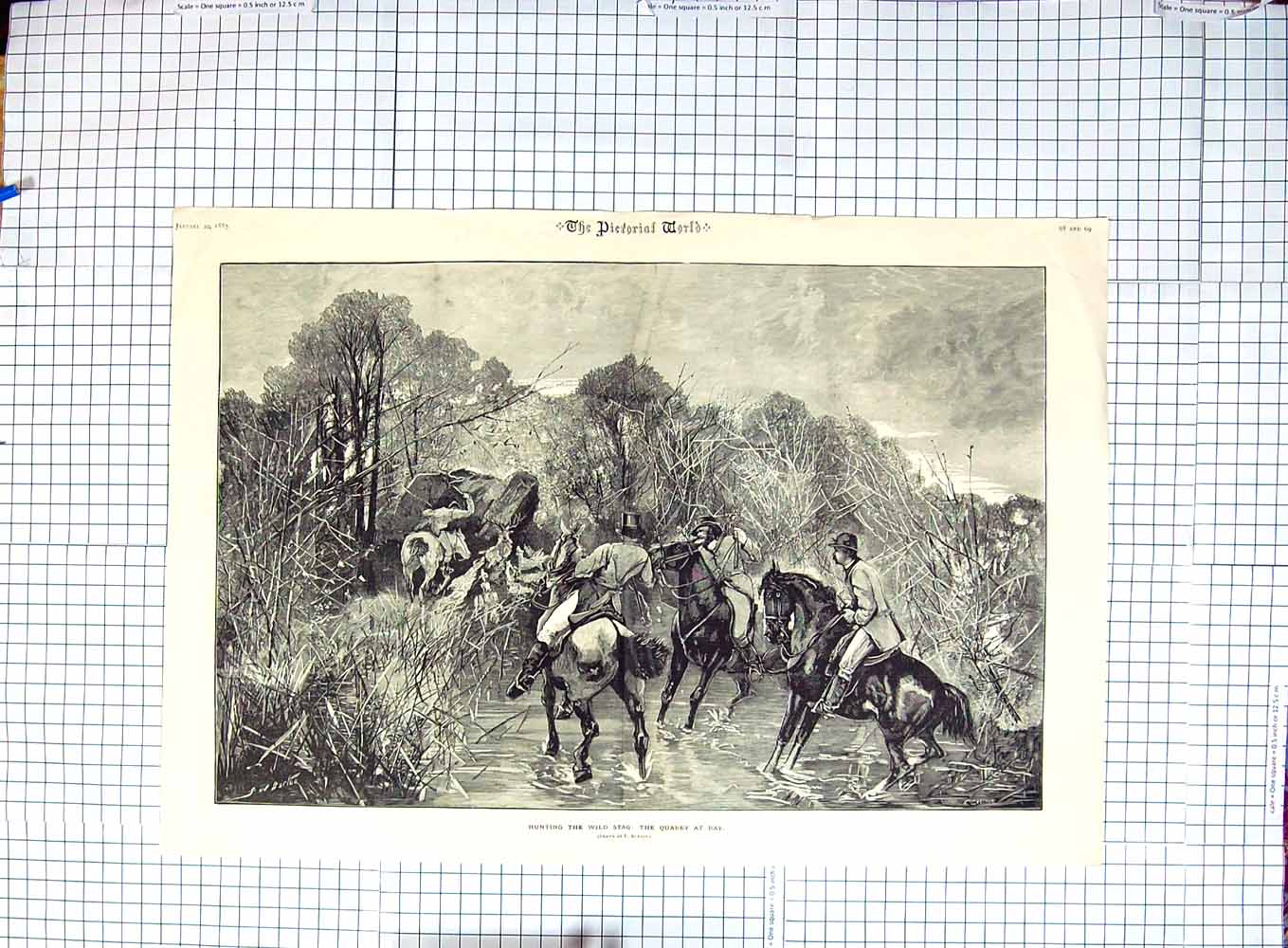 Original Old Antique Print Fine Art Hunting Wild Stag Quarry Bay Horses