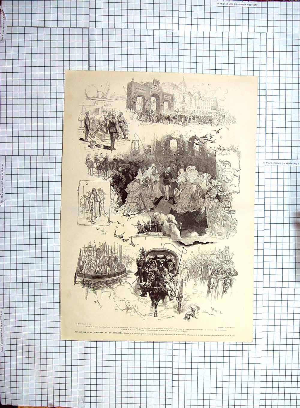 Original Old Antique Print Voyage Alphonse Espagne Spain Barcelona Saint-Simon