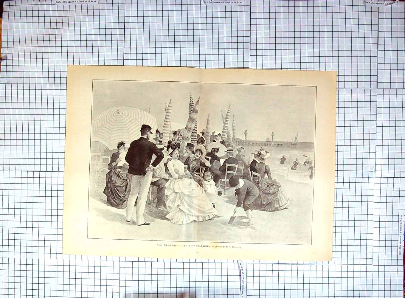 Old Antique Print Sur La Plage Retardataires Beach Seaside Scene France