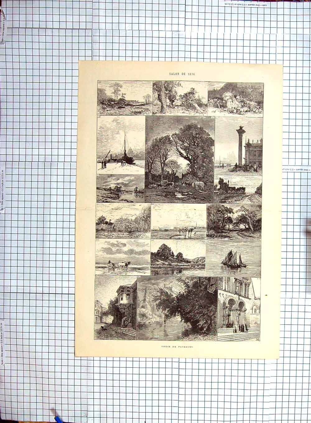 Old Antique Print 1876 Salon Choix De Paysages Architecture Animals Sea 19th
