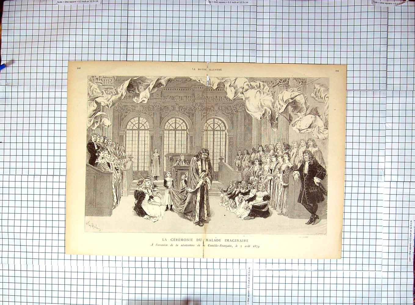 Original Old Antique Print 1879 Ceremonie Malade Imaginaire Comedie-Francaise