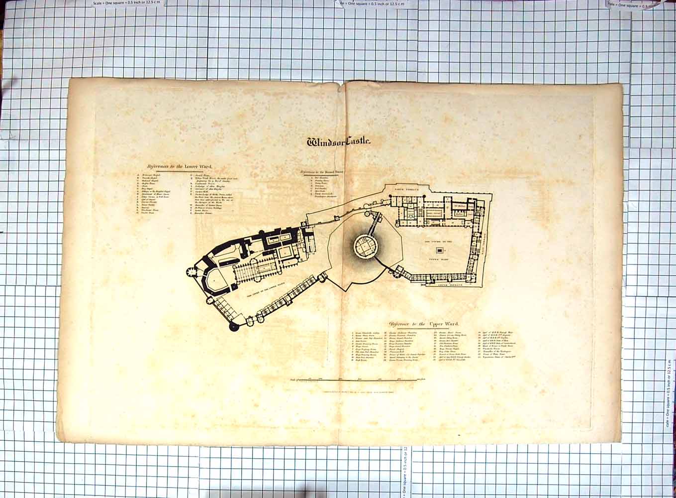 Original Old Antique Print Plan Lower Ward Round Tower Windsor Castle London