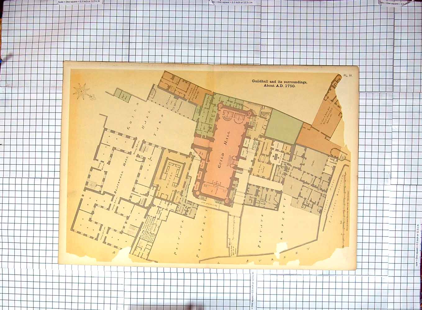 Old Antique Print Colour Plan Guildhall 1750 Blackwall Robert Bird Chapel