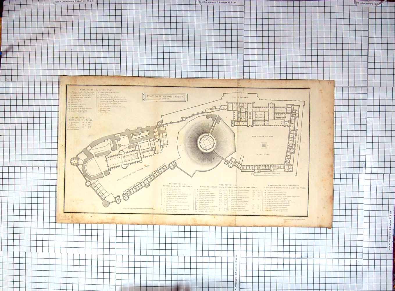 Original Old Antique Print Plan Windsor Castle Court Ward 1806 Cadell Davies
