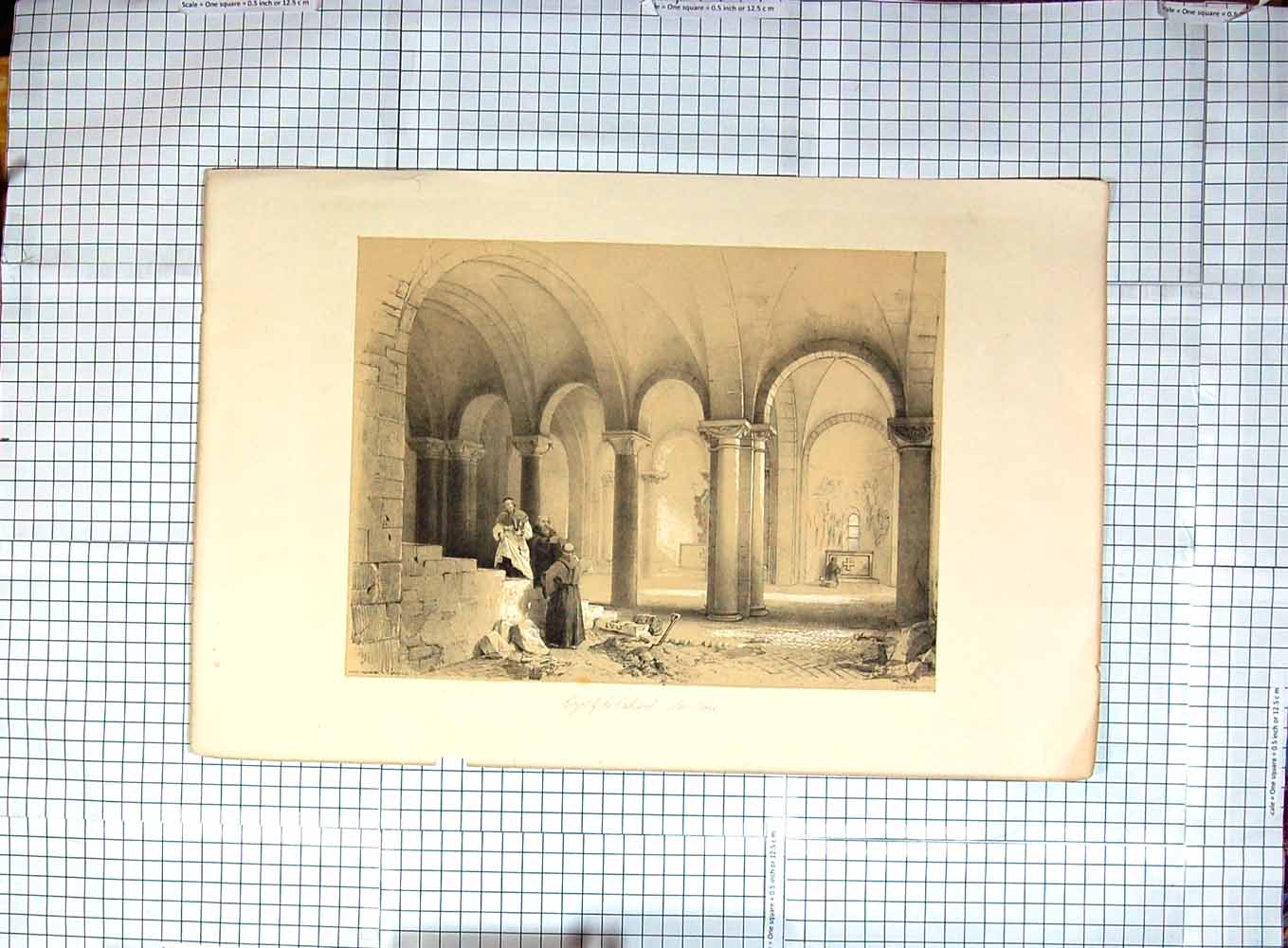 Original Old Antique Print Crypt Cathedral San Leone Engraving Moore