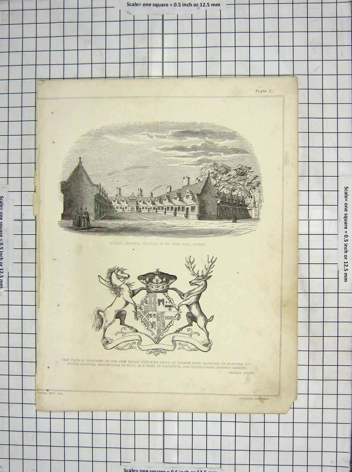 Old Antique Print Etwall Hospital John Port Knight Plate Francis Sophia