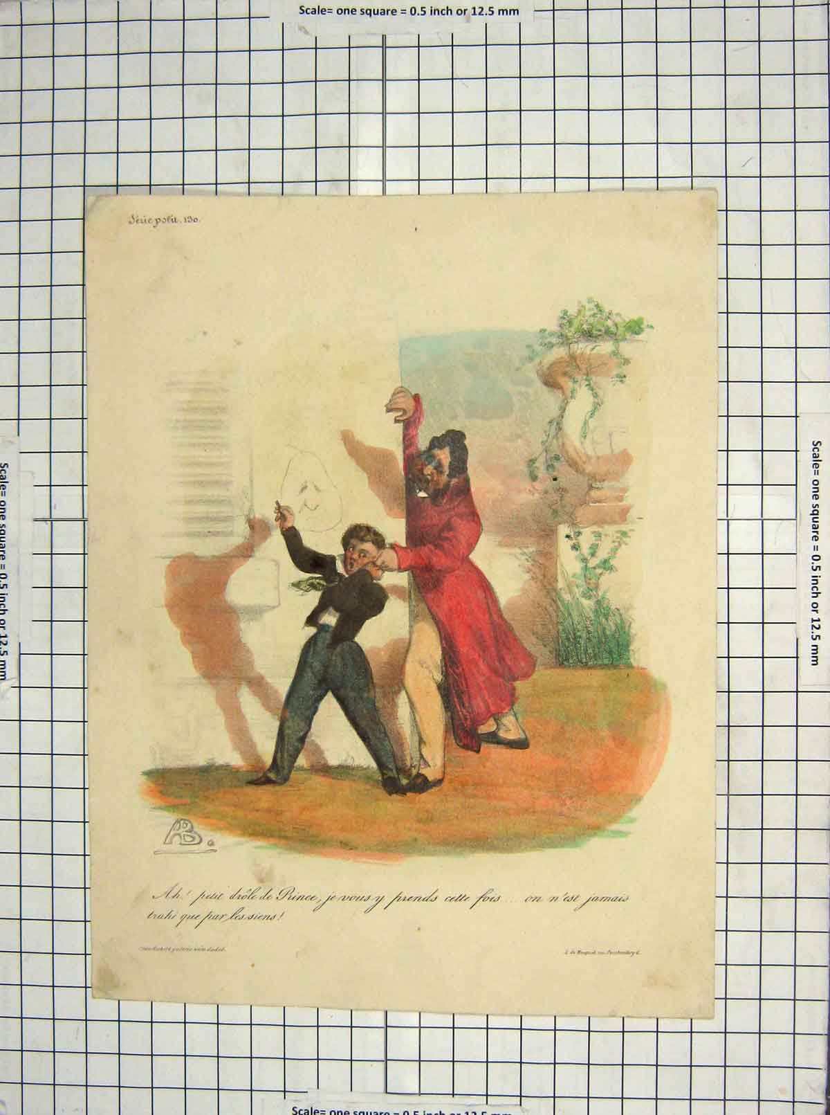 Original Old Antique Print Colour Comedy Man Young Boy Vandal