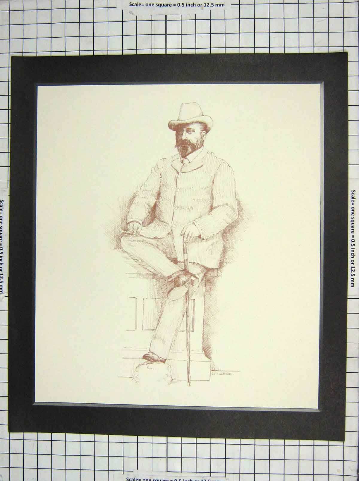 Original Old Antique Print Portrait Sketch Man Top-Hat Stick Littleford