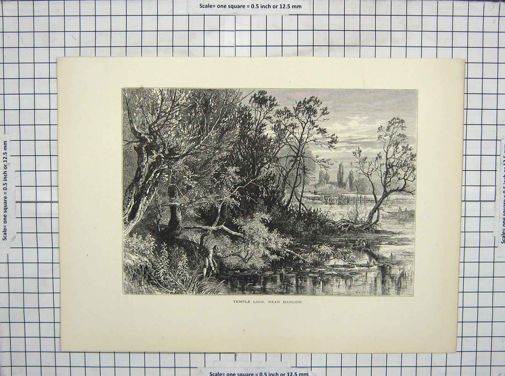 Original Old Antique Print Temple Lock Marlow River Trees